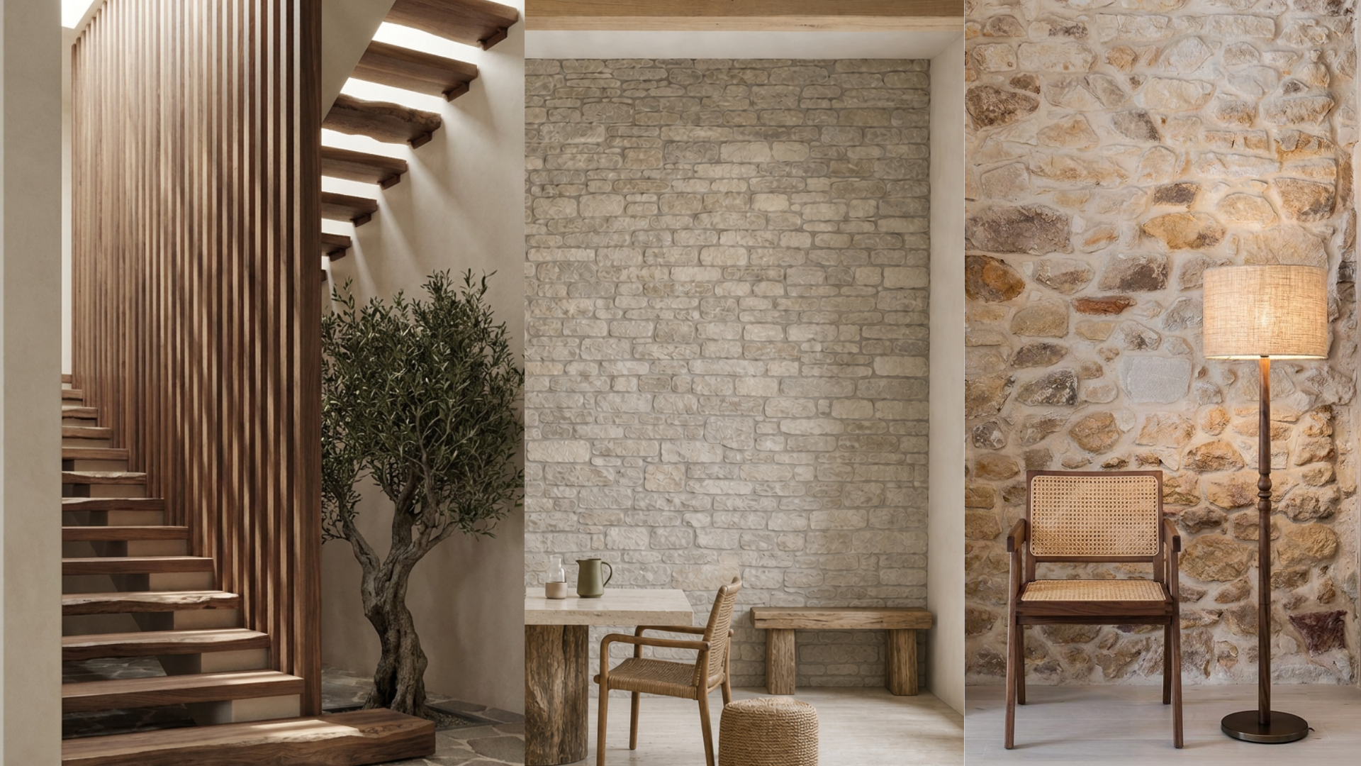 A composed interior of honest timber and stone.