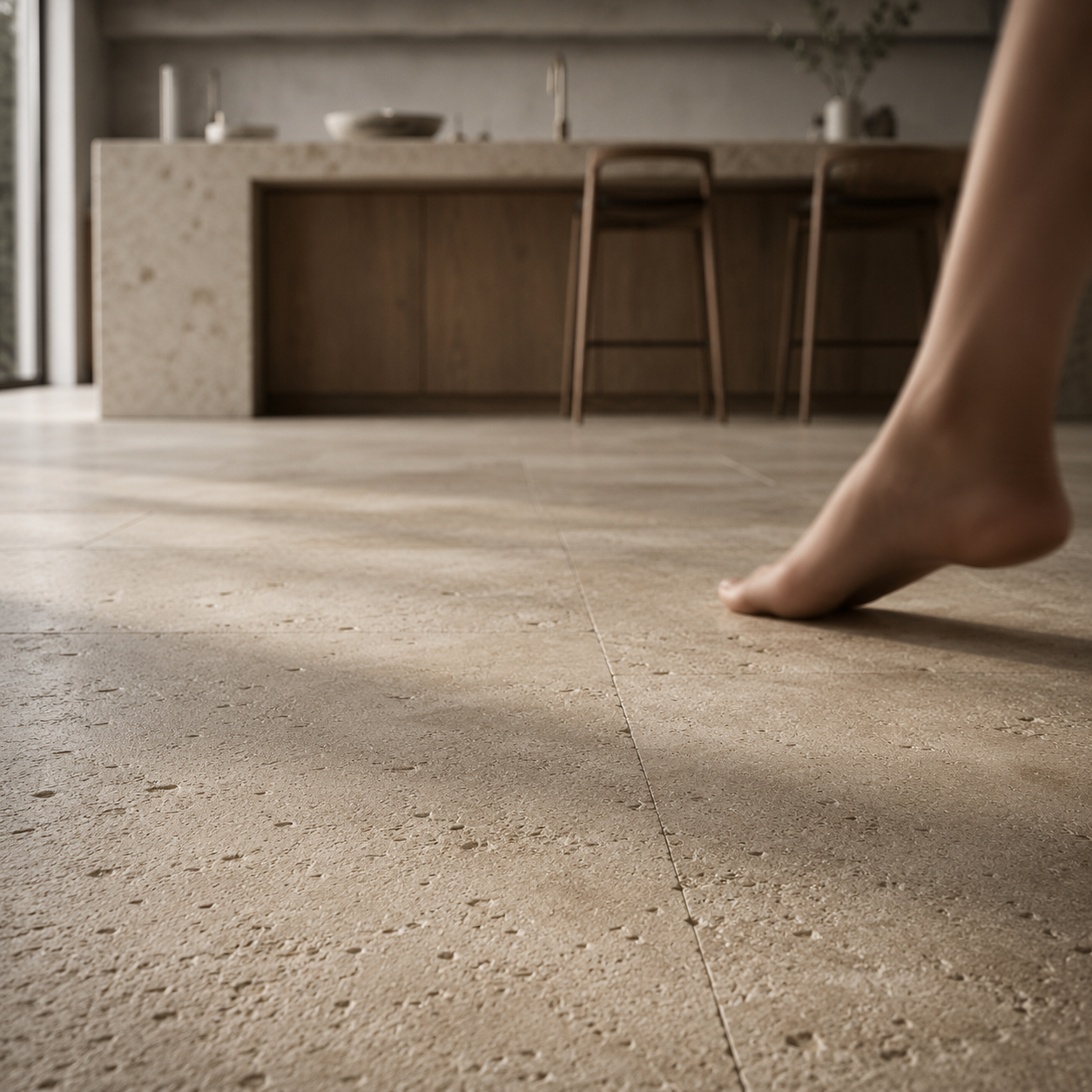 Bare feet crossing a tactile limestone floor.