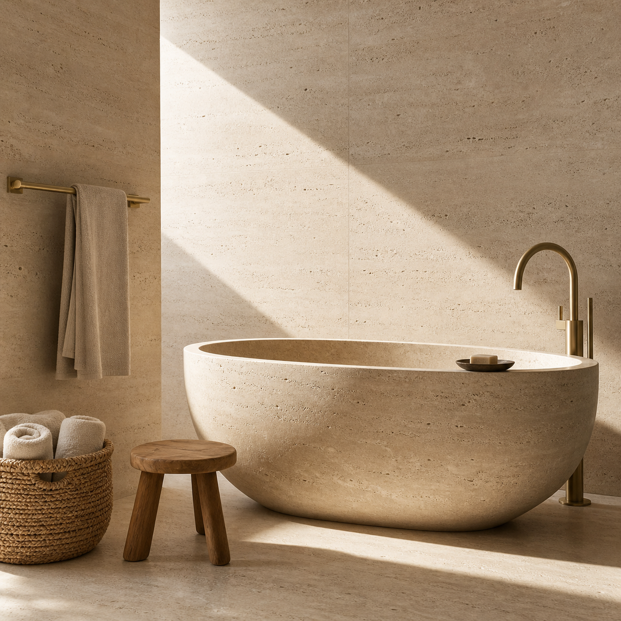 A quiet sitting room composed in limestone, oak, linen, and woven rattan.