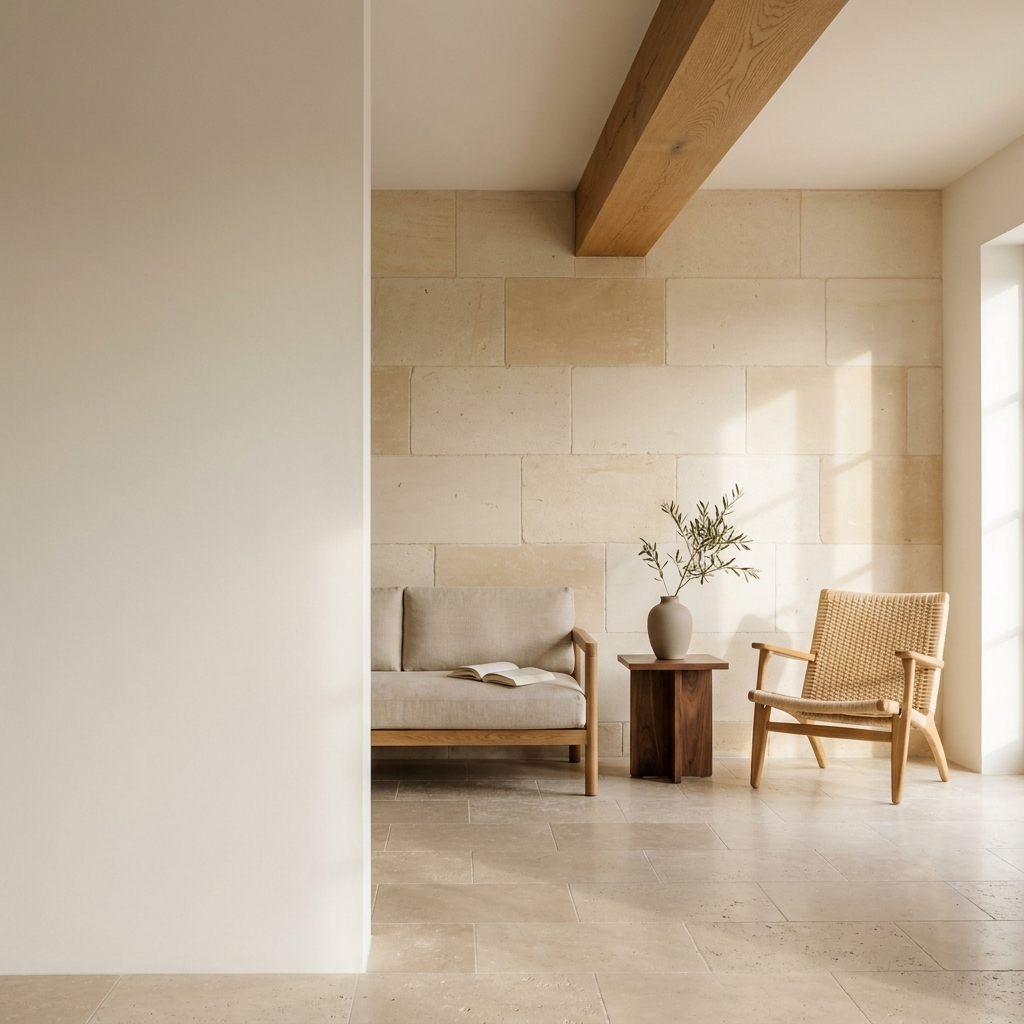 A quiet plaster interior where an honest structural timber remains visible.