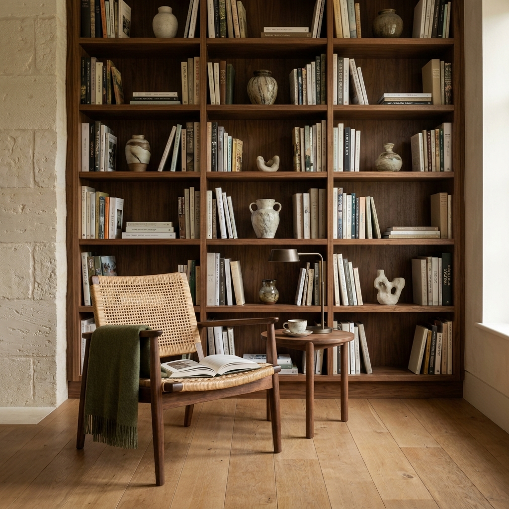 A shelf of books and quiet objects in a naturally lit reading corner.