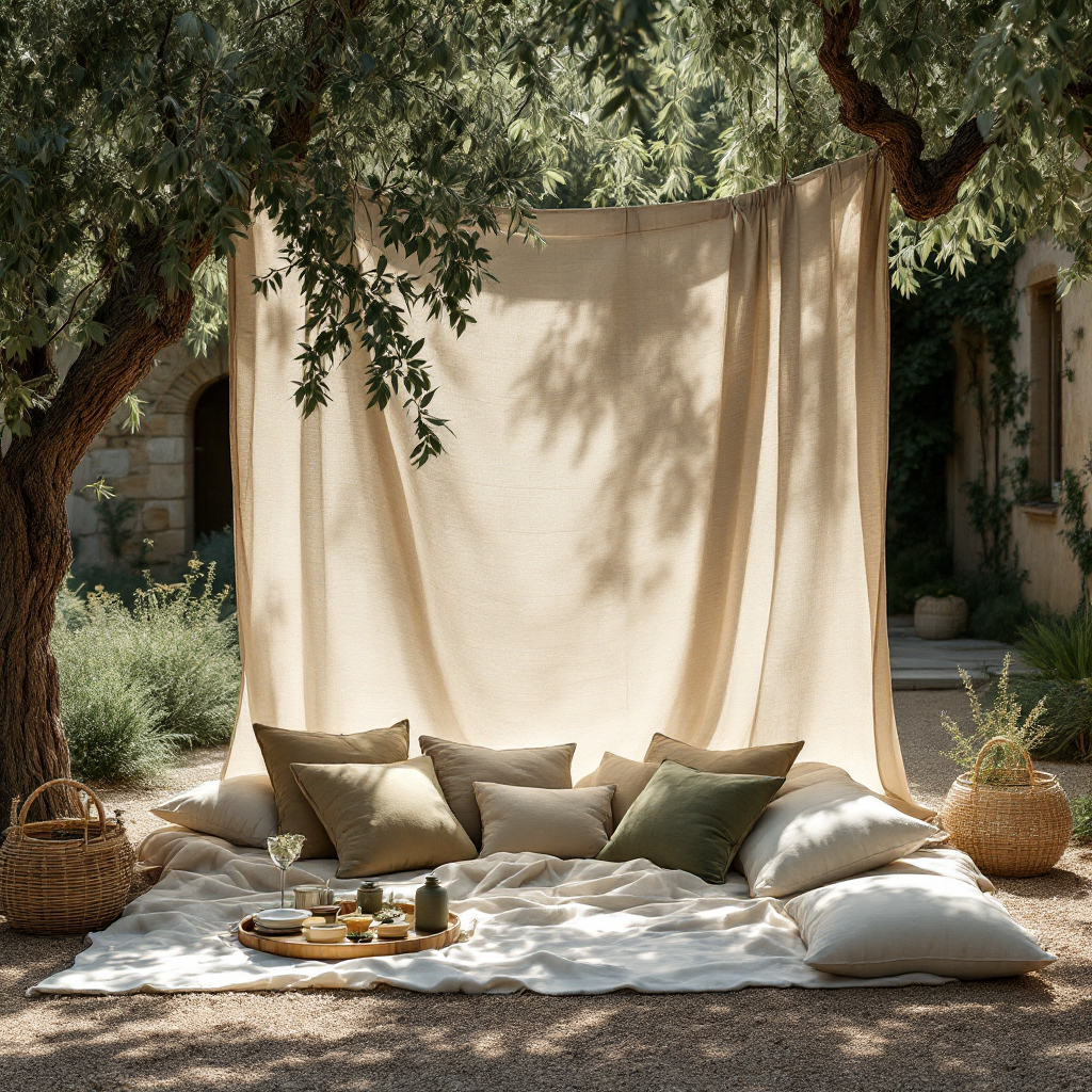 A linen daybed beneath mature trees in a quiet Mediterranean garden.
