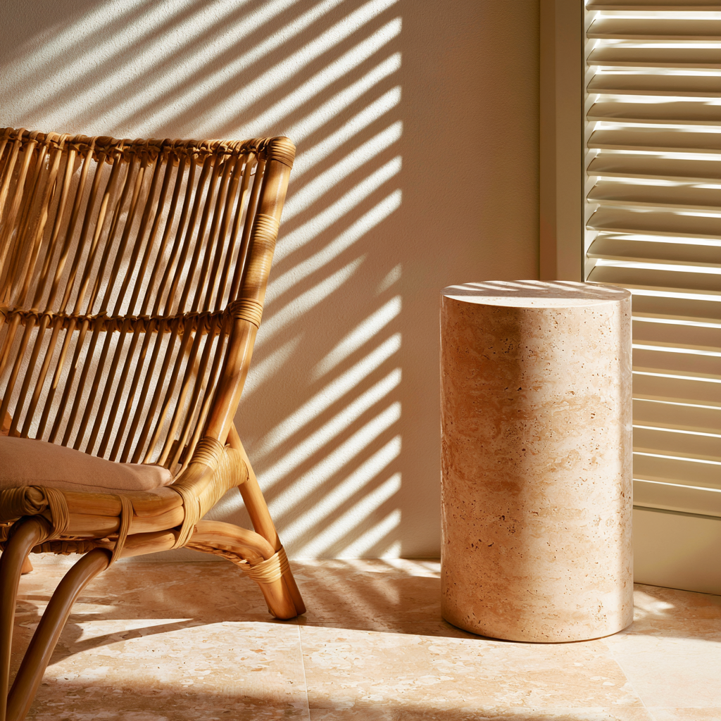 A handwoven rattan chair beside a pale travertine wall in filtered light.