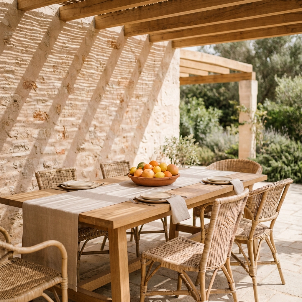 A dining setting where oak, linen, and stone meet in warm afternoon light.