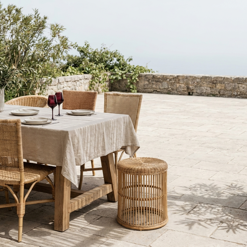 Rattan dining chairs gathered around a linen-covered table on a stone terrace.