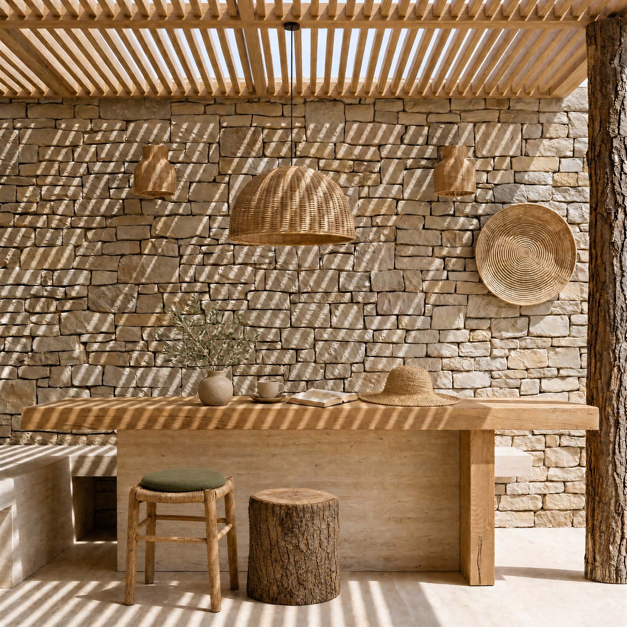 A sunlit irregular stone wall beneath a timber pergola with woven pendant lights.