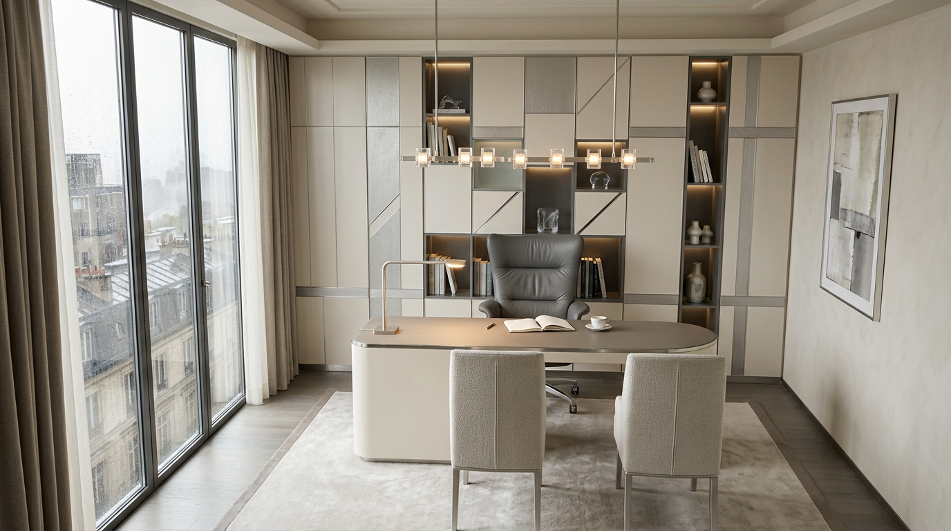 Elegant contemporary study with a sculptural desk, illuminated shelving and floor-to-ceiling city windows.