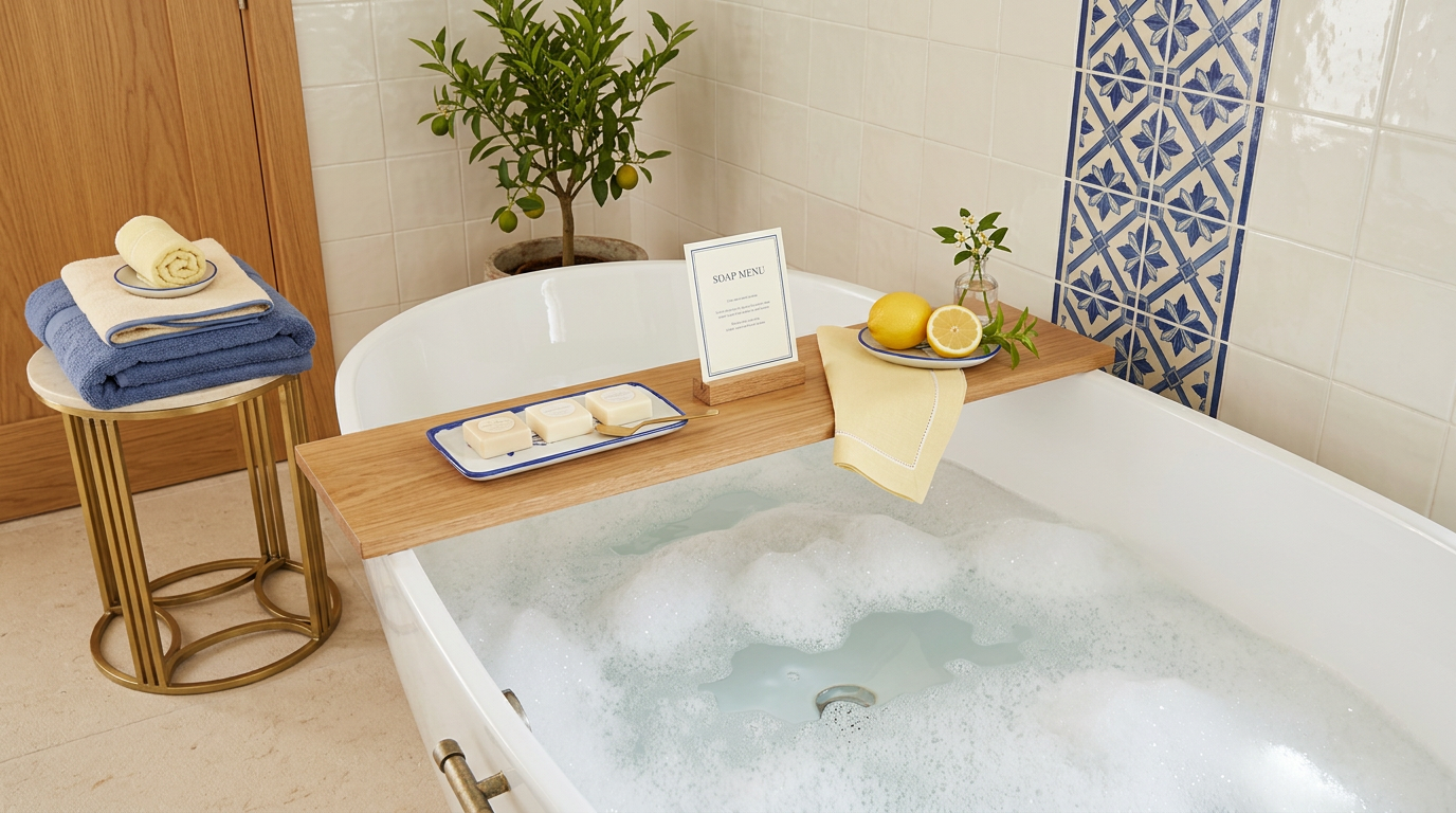 A bright bath with a panel of blue-and-white patterned tiles, a pale wood board with a blue-rimmed soap dish and fresh lemons, a small lemon tree and blue and yellow towels.