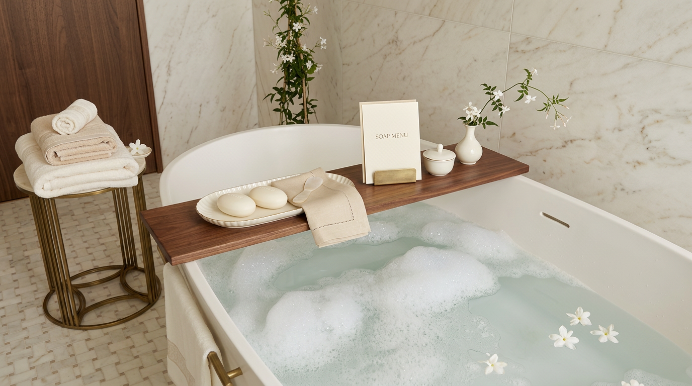 A bath framed by cream veined stone, with a walnut board holding ivory soaps, a hemstitched linen cloth and a vase of jasmine, cream towels nearby and white blossoms floating on the water.