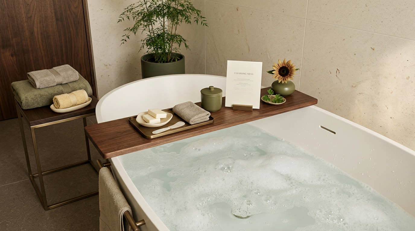 A bath beside warm stone walls, with a walnut board holding soap on a brass tray, an olive-green lidded pot and a sunflower in a green vase, with olive and oatmeal towels nearby.