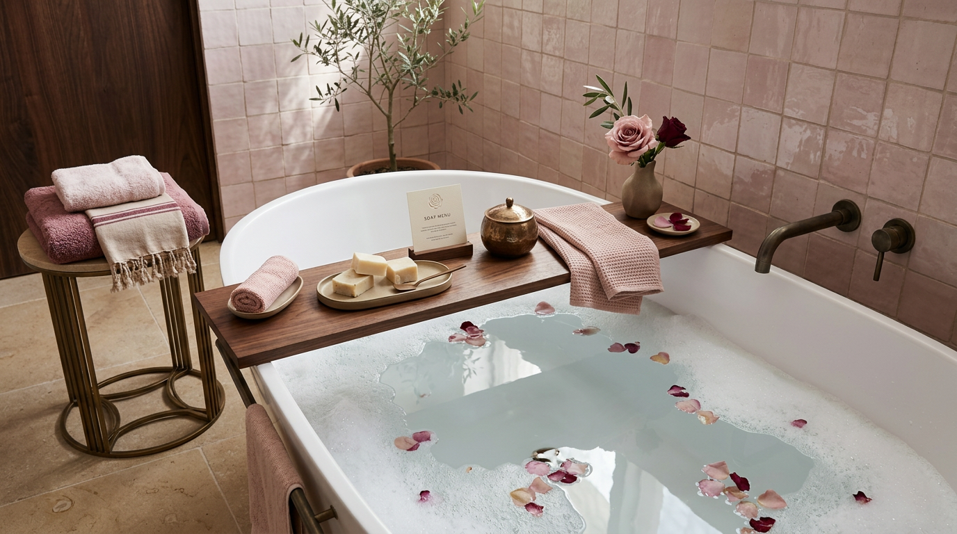 A bath against dusty-pink tiles, with soap blocks, a copper lidded pot and a pink waffle cloth on a walnut board, rose-coloured towels beside it and rose petals scattered on the water.