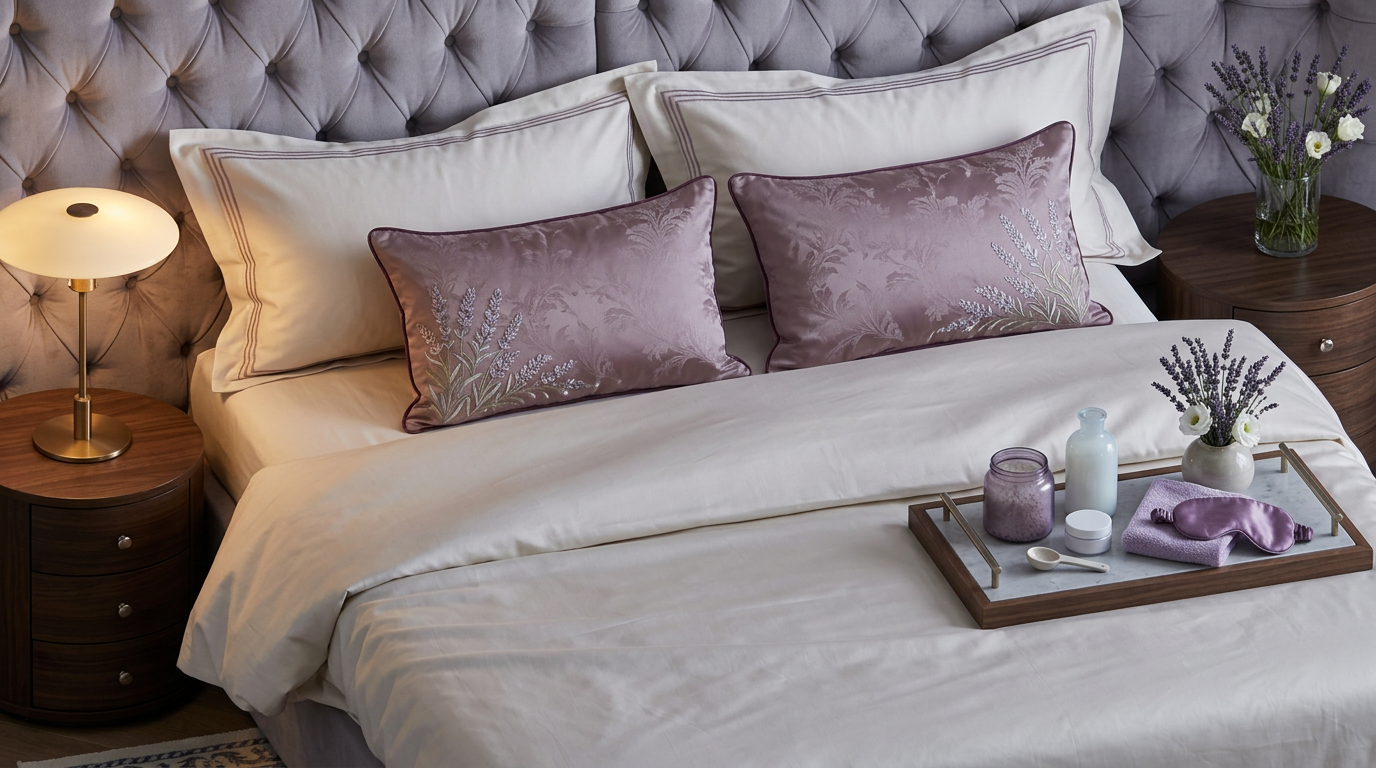 A bed against a grey-lilac tufted headboard, with mauve pillows embroidered with lavender, plum piping and a tray holding a purple bath-salt jar, a lilac towel, a satin sleep mask and lavender stems.