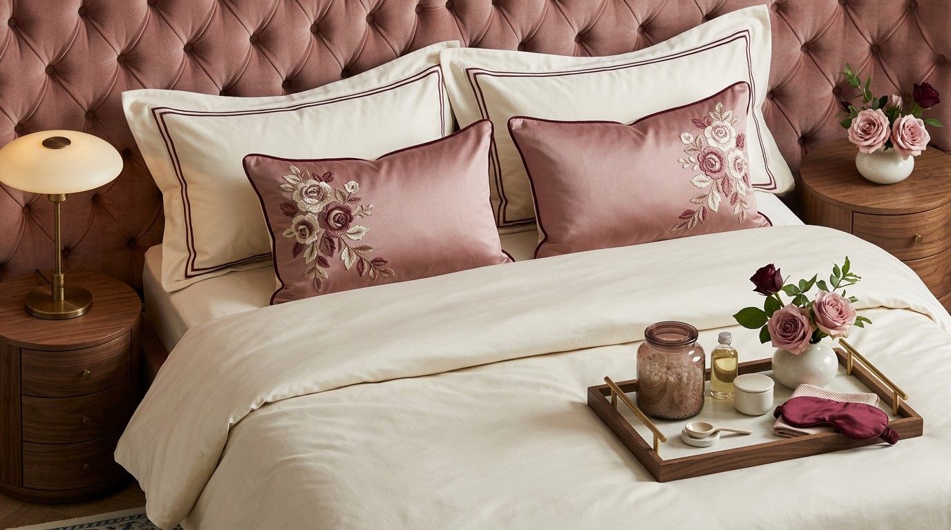 A bed against a dusty-pink tufted headboard, with white pillows lined in burgundy, pink cushions embroidered with roses and a tray holding a rose-tinted jar, golden oil, roses and a burgundy sleep mask.