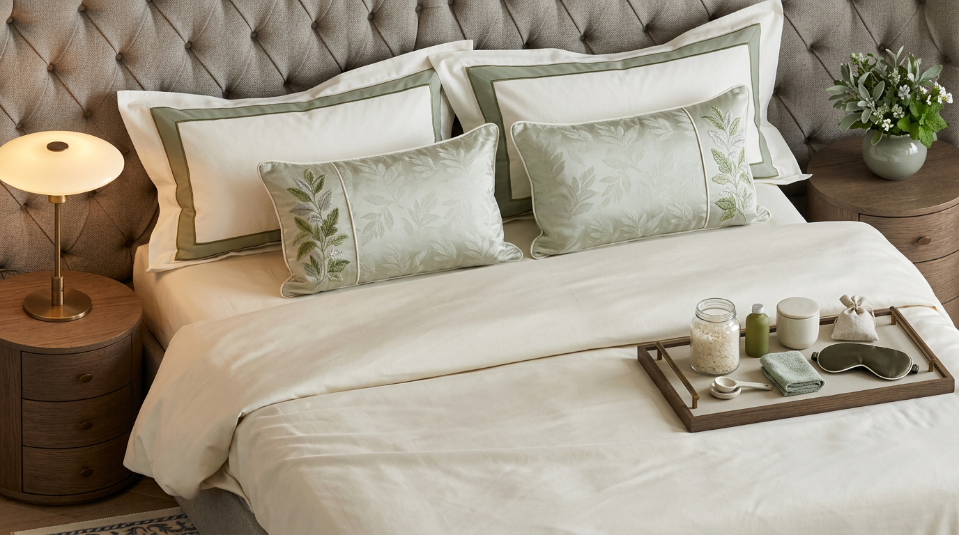 A bed with sage-bordered white pillows and leaf-patterned green cushions, a leafy bedside arrangement and a tray holding pale salts, a green bottle, a fabric sachet and an olive sleep mask.