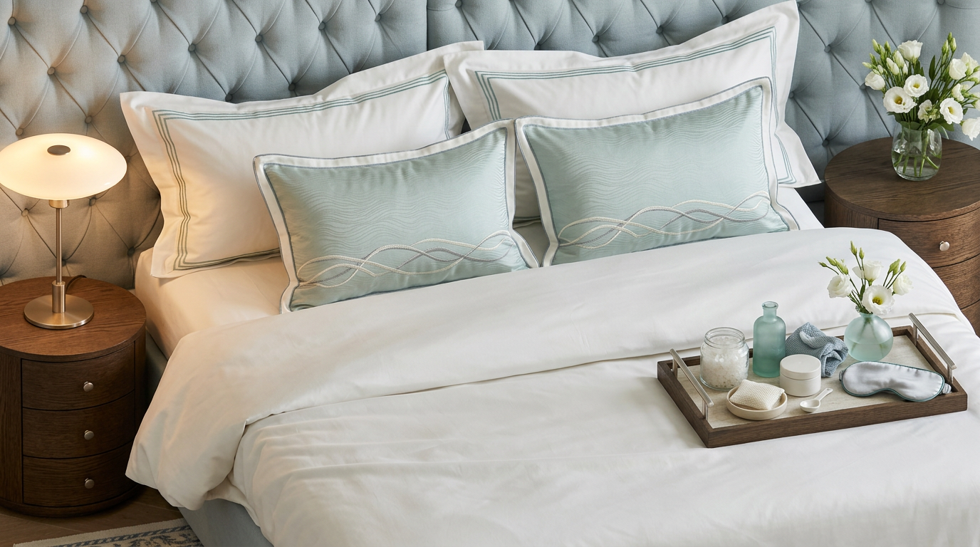 A bed against a pale-blue tufted headboard, with sea-glass cushions embroidered with wave-like curves, white flowers and a tray holding clear crystals, a blue-green glass bottle and a silvery sleep mask.
