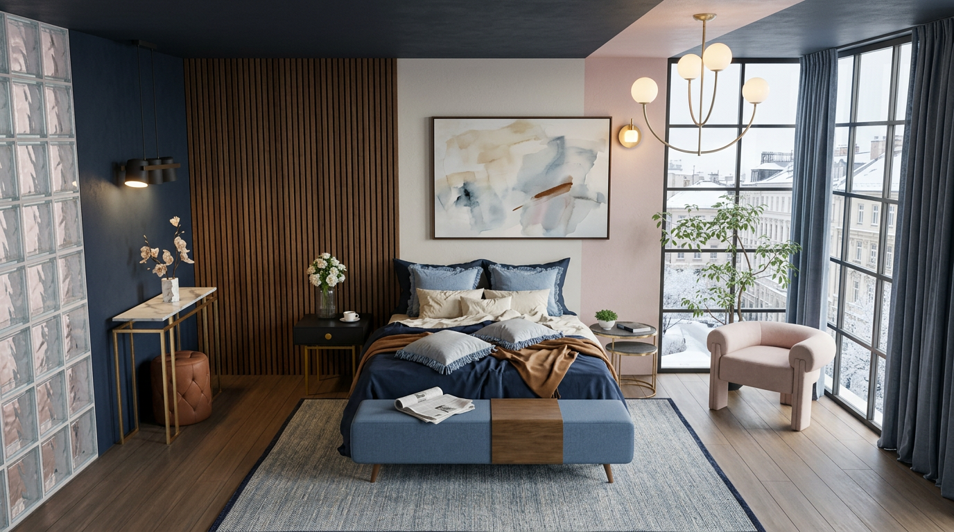 A bedroom combining a deep-blue ceiling, walnut slats, a blush armchair and a glass-block wall beside windows overlooking a snowy city.