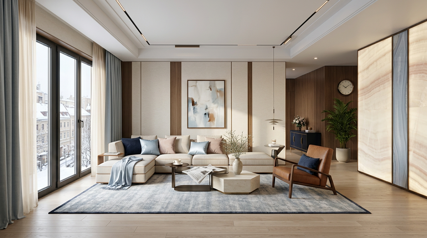 An ivory living room with a cognac leather armchair, blue-grey rug and luminous stone panels, with snow-covered city buildings outside.