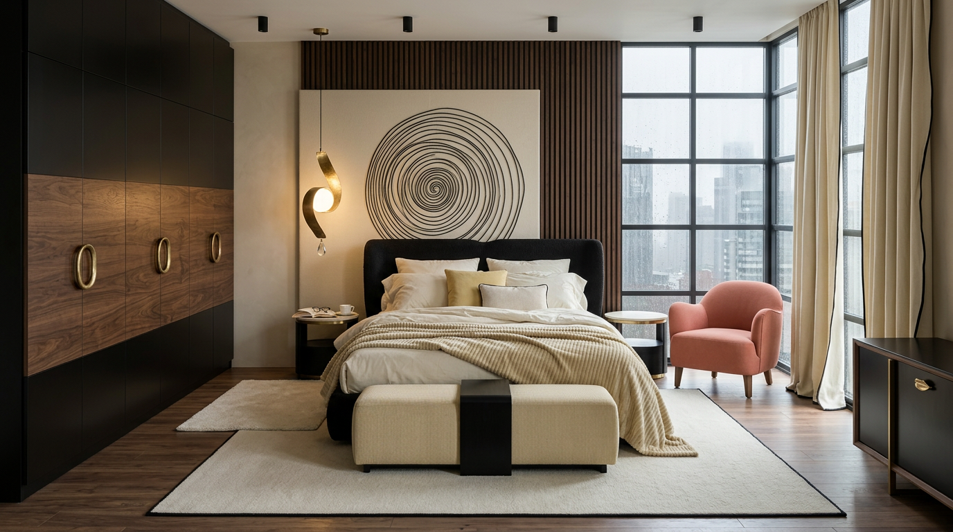 A bedroom with black and walnut cabinetry, a black headboard, ivory bedding and bench, a coral armchair by tall windows and a large circular black-line artwork.