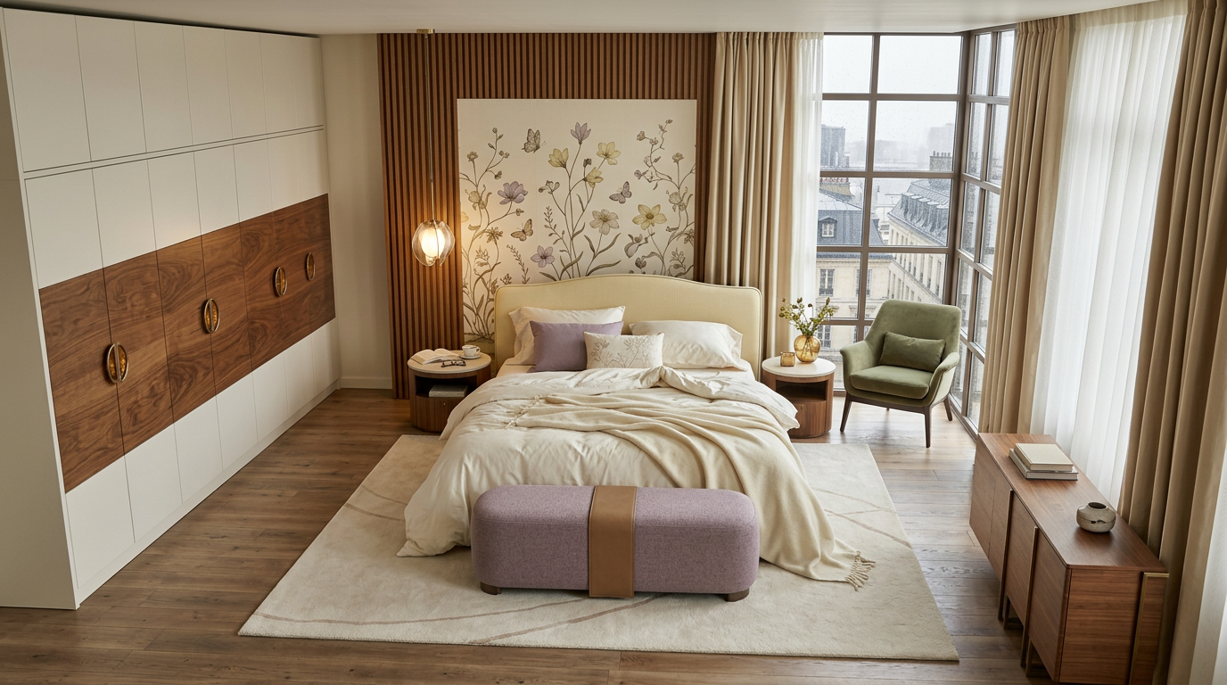 A bedroom with a pale-yellow headboard, a lilac bench and cushion, a muted green armchair, walnut-and-white wardrobes and a light botanical wall panel with flowers and butterflies.