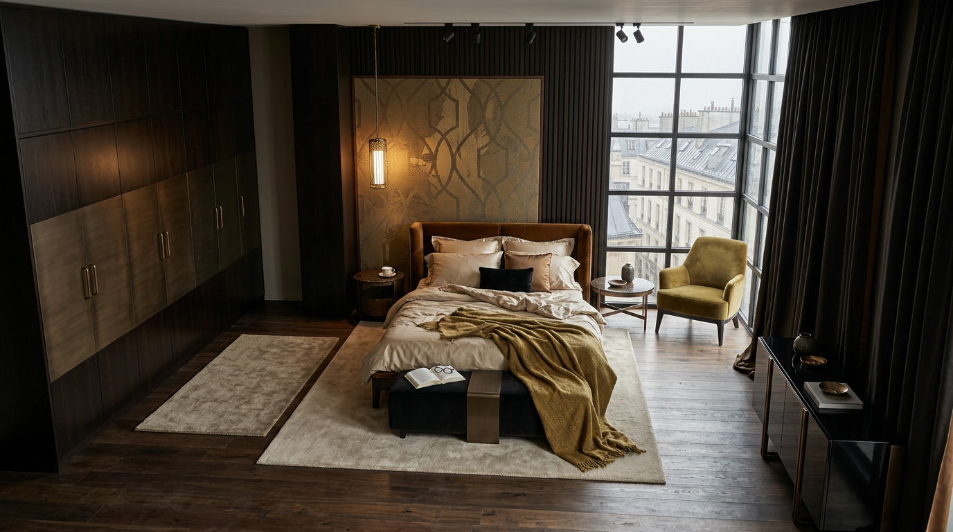 A dark bedroom with chocolate-brown cabinetry and curtains, an ochre armchair and blanket, a warm golden patterned panel behind the bed and pale bedding and rugs.