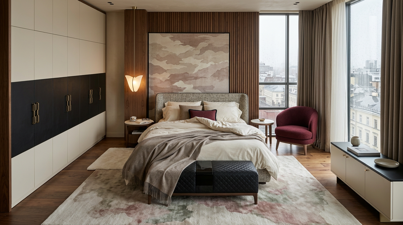 A bedroom with a cream wardrobe crossed by a dark band with brass handles, a black quilted bench, a taupe throw, a burgundy armchair by the window and a cloud-patterned wall panel.