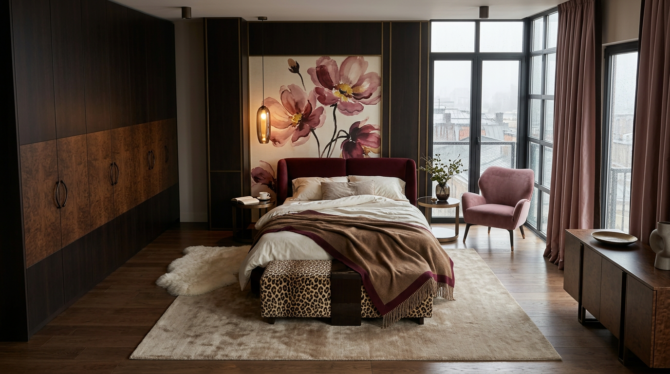 A bedroom with a burgundy headboard, a caramel blanket edged in wine red, a dusty-rose armchair and curtains, dark wood wardrobes and a large painting of pink flowers.