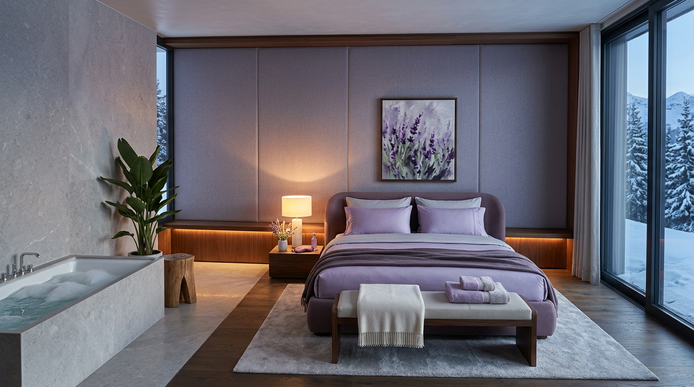 A bedroom with lavender-grey upholstered wall panels, lilac bedding and a plum blanket in dusk light, beside a grey stone bath and snow-covered firs.