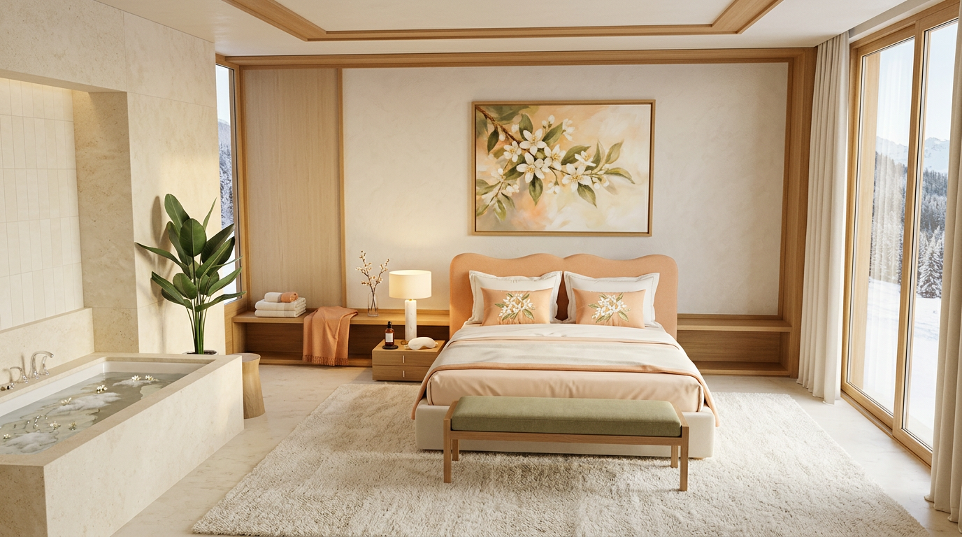 A bedroom with an apricot waved headboard, an olive bench and a painting of a flowering branch, beside a pale stone bath with floating white blossoms.
