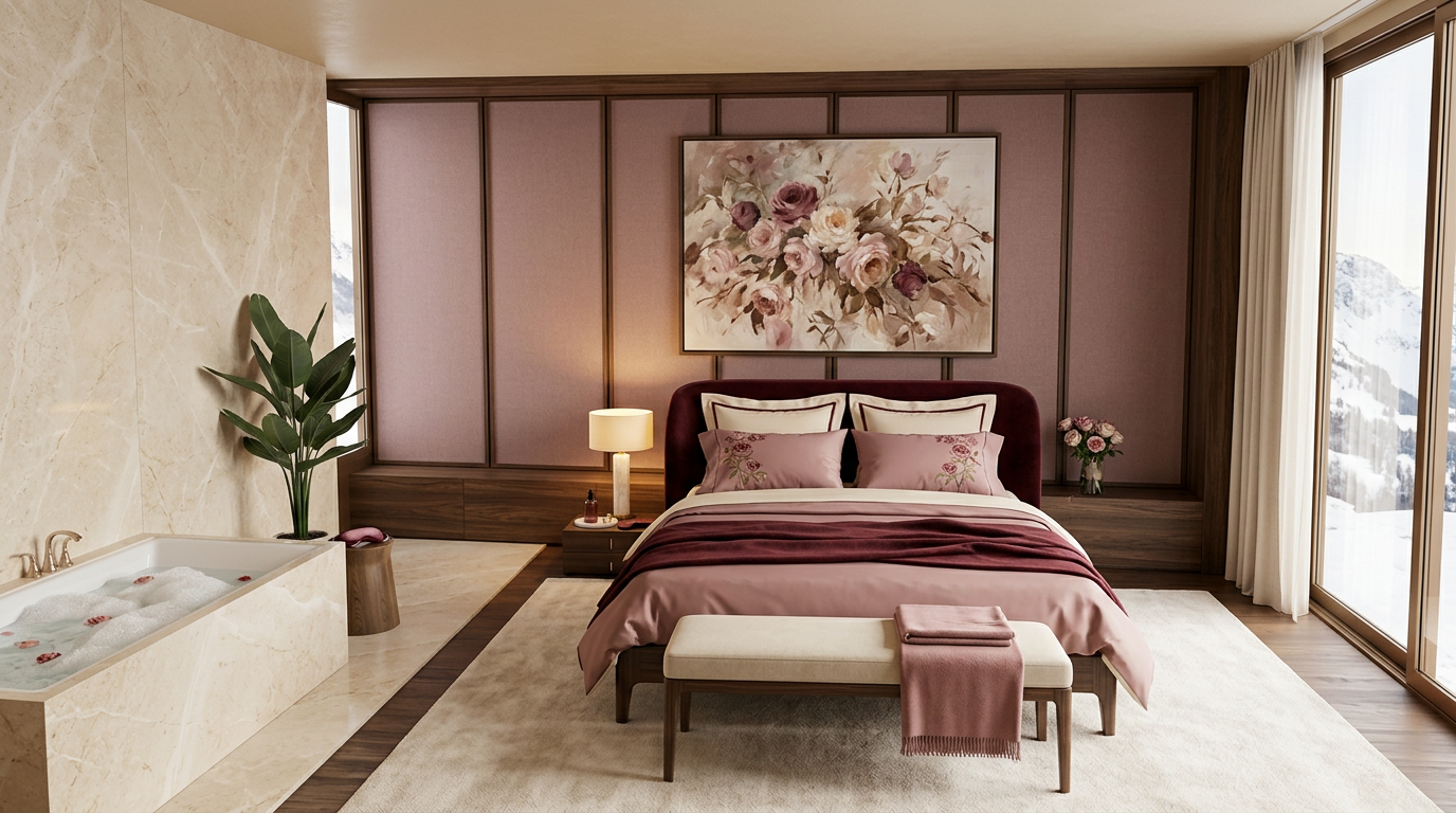 A bedroom with dusty-rose wall panels framed in walnut, a burgundy headboard and a rose painting, beside a cream marble bath scattered with petals.
