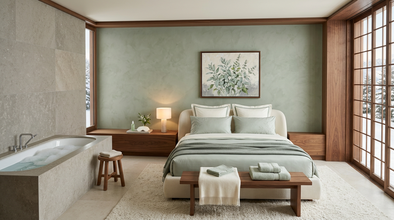 A bedroom with a sage-green plaster wall, pale green bedding, walnut furniture and a leaf painting, beside a grey stone bath and windows onto snow.