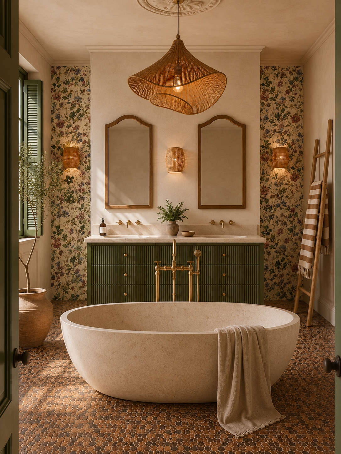 A warm Mediterranean bathroom with a cream stone freestanding tub, a green fluted double vanity, brass fixtures, arched wooden mirrors, a rattan pendant and floral wallpaper.
