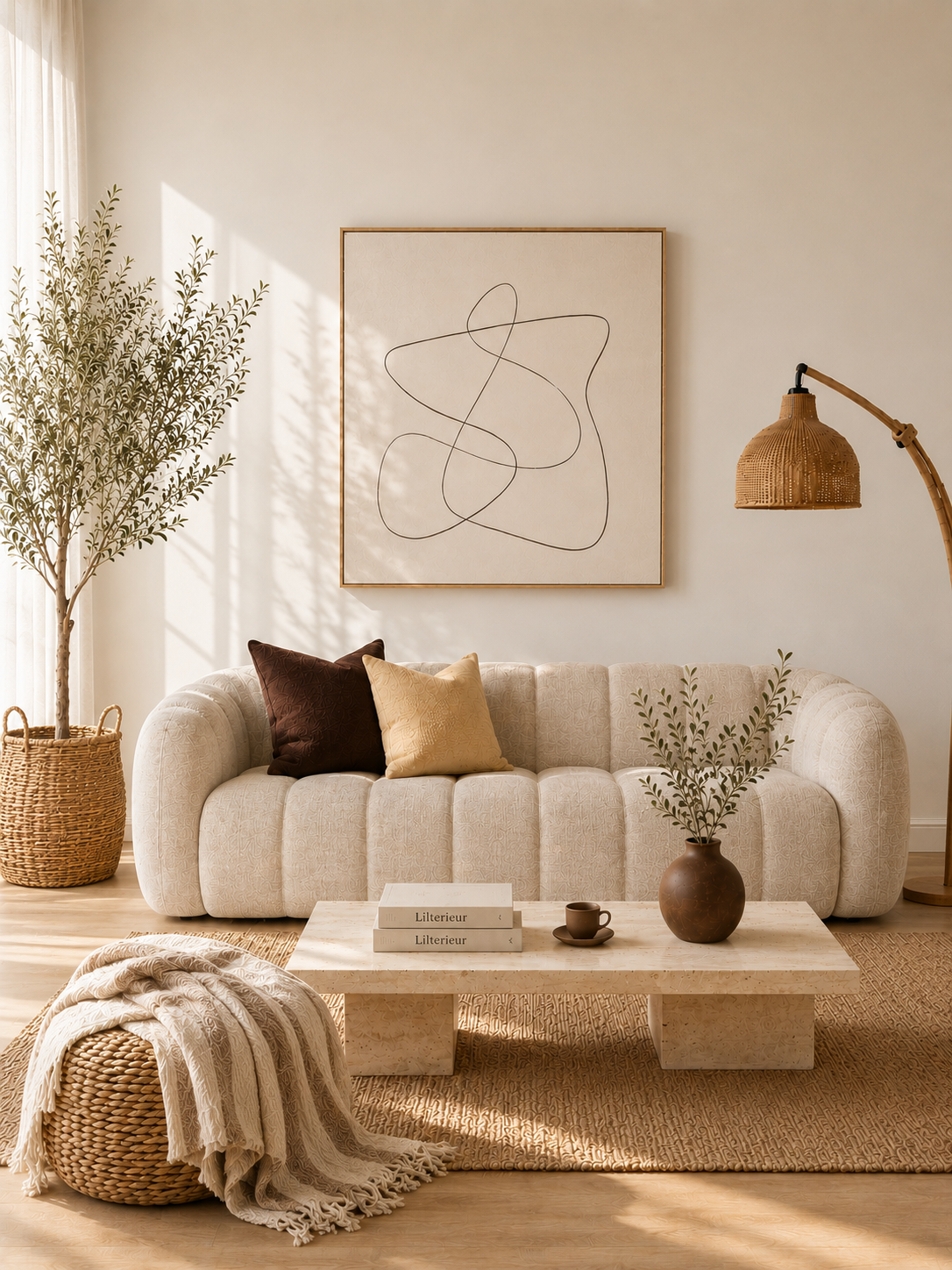 A warm minimal living room with a cream bouclé sofa, brown and mustard pillows, an abstract line-art canvas, an olive tree, a travertine coffee table and a jute rug.