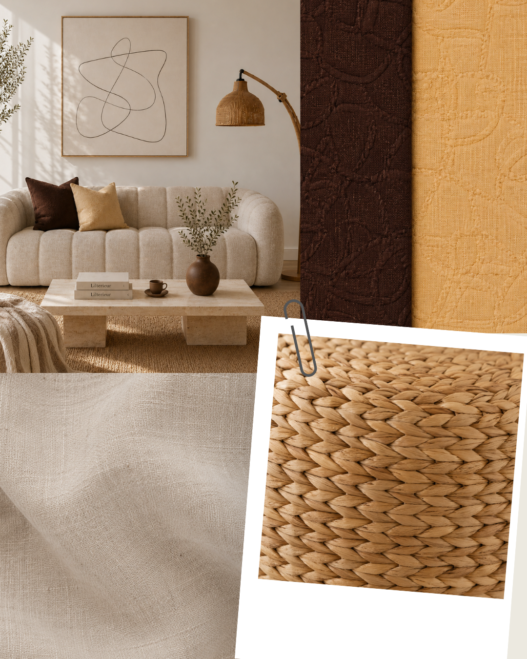 A moodboard pairing a warm minimal living room with material swatches — brown and mustard textured textiles, natural linen and a woven water-hyacinth basket.
