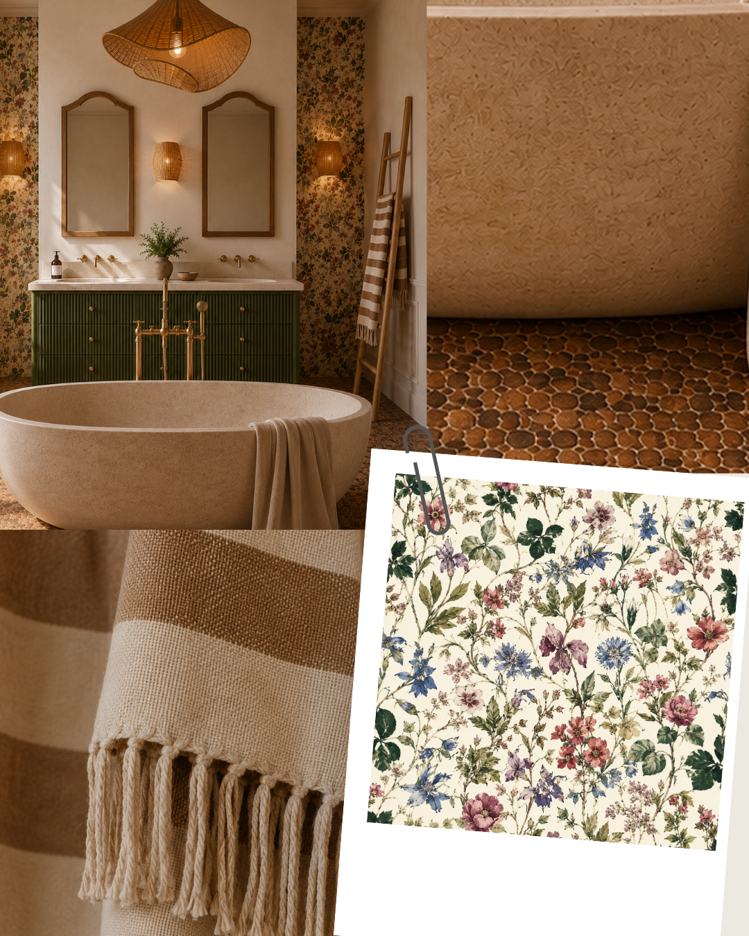 A moodboard of a Mediterranean bathroom with a green fluted vanity, brass fixtures, floral wallpaper, a striped linen throw and a watercolour floral fabric swatch.